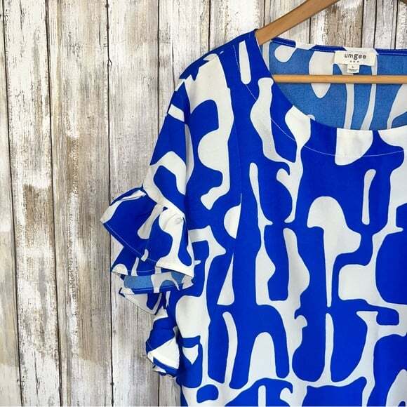 Umgee Can’t Wait Saphire Blue Abstract Ruffle Sleeve Blouse - Picture 5 of 6